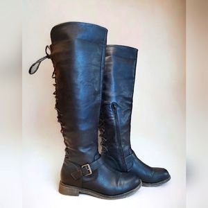 Just Fab Corset Style Lace Up Back Knee High Boots Size 6.5 In Black